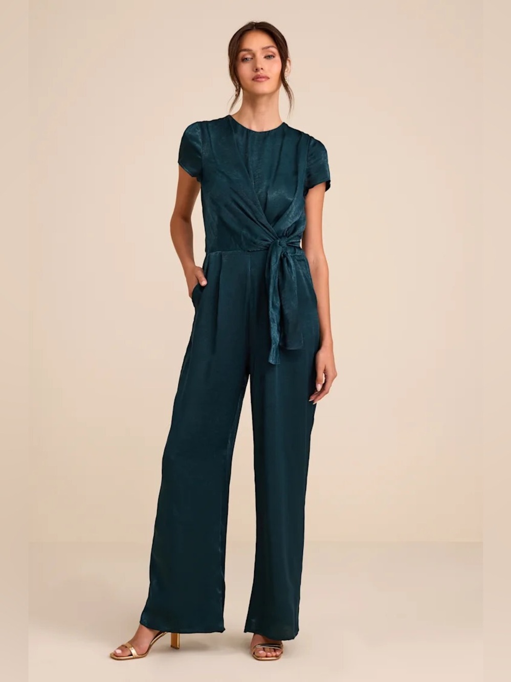 Lulus NWT Hunter Green Twist Front Wide Leg Cap Sleeve Jumpsuit XS